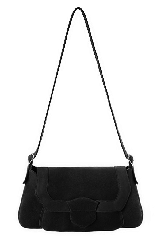 Matt black women's dress handbag, matching pumps and belts. Top view - Florence KOOIJMAN